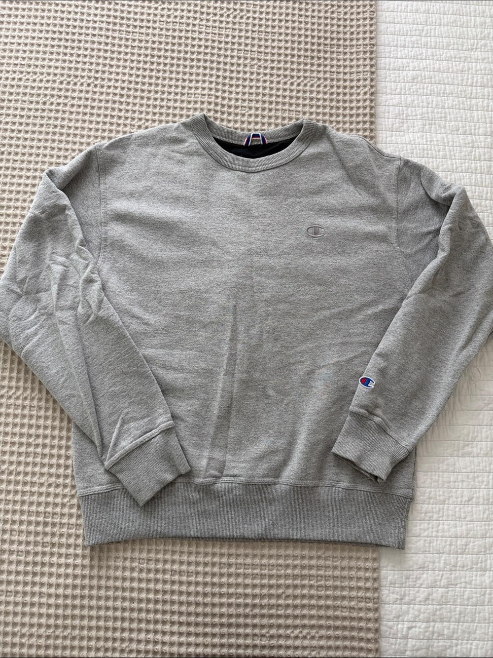 Champion Light Gray Crewneck Sweatshirt with Sleeve C Patch